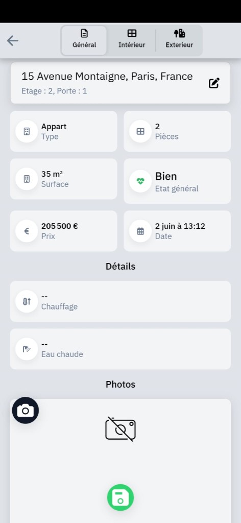 Aperçu de l'application MemoVisit pendant une visite immobilière